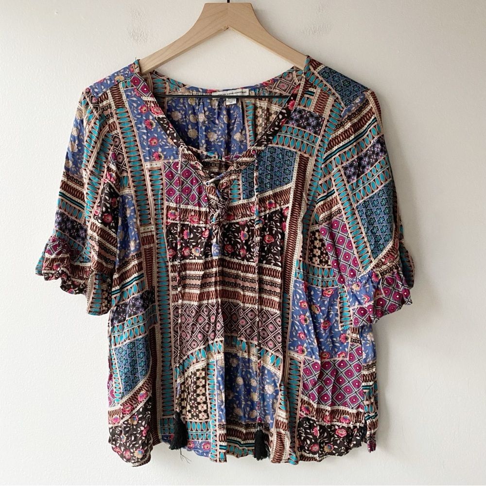 american eagle boho patchwork lace up ruffle sleeve top size s small